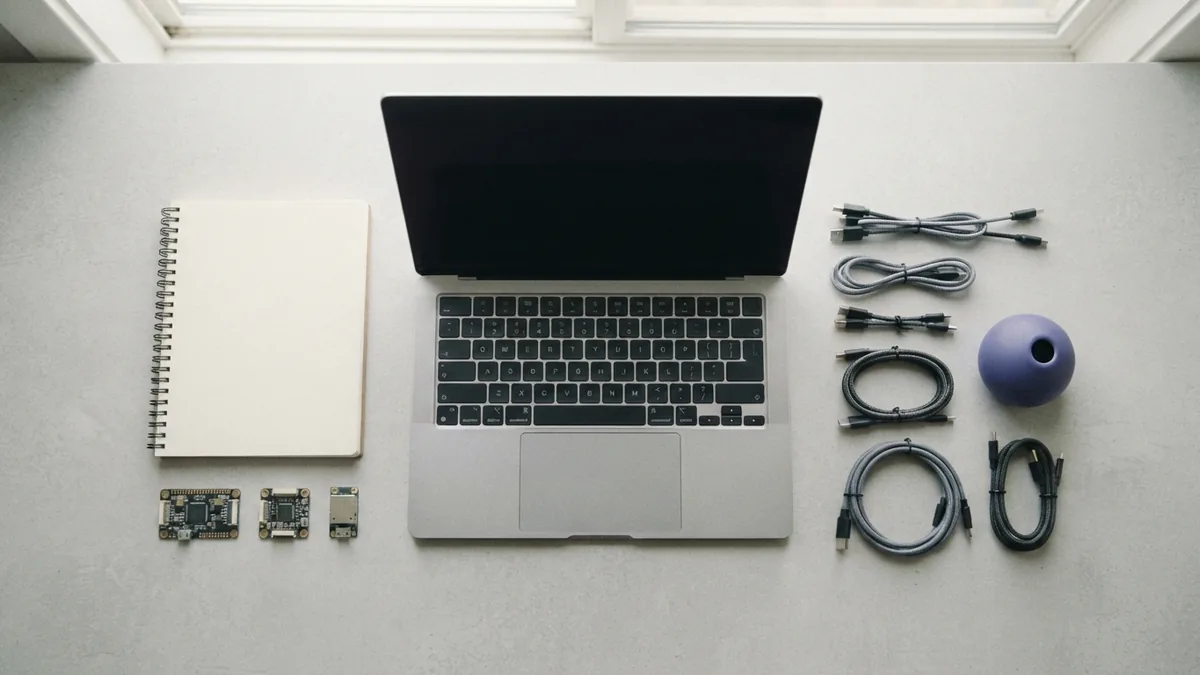 Comparing technical development paths Clean technical workspace with laptop, cables, and hardware for comparing development fields