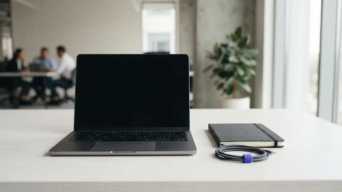 Workspace for front-end and back-end work Laptop and cables arranged on a clean desk for front-end and back-end work